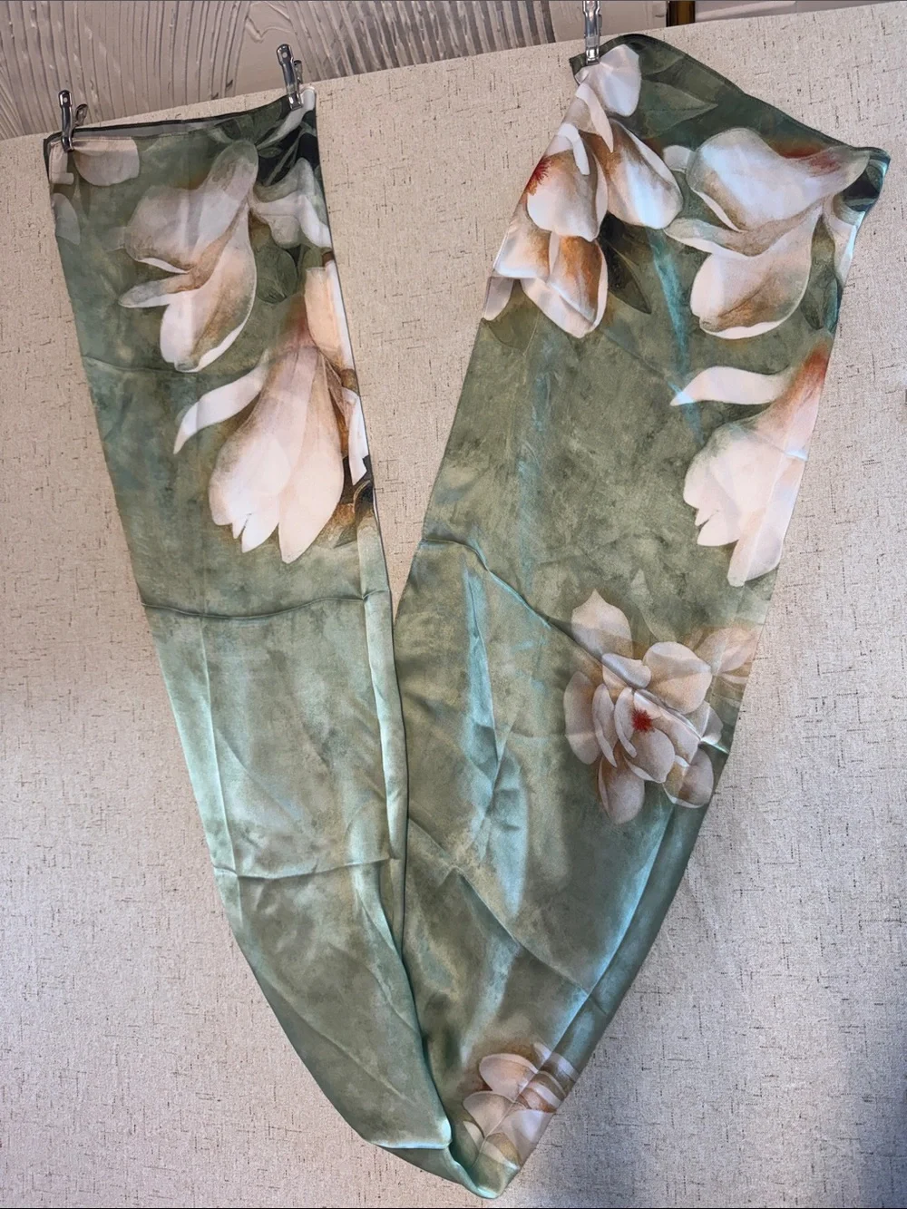 100% Silk Scarf Sage Green Magnolia Floral Print Oversized 65”